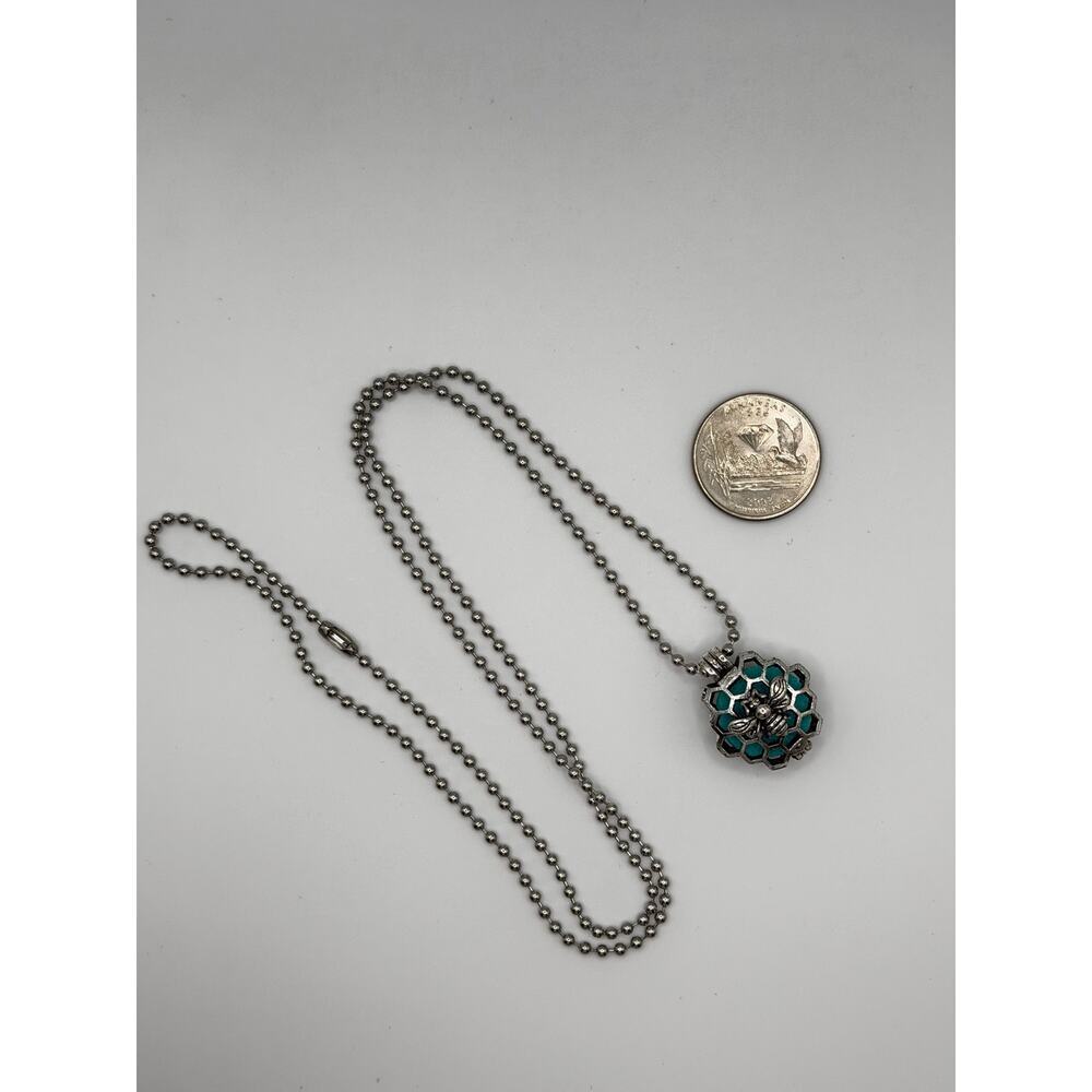 Bee Honeycomb Pendant Necklace – Silver Tone, Turquoise Detail - Picture 4 of 4